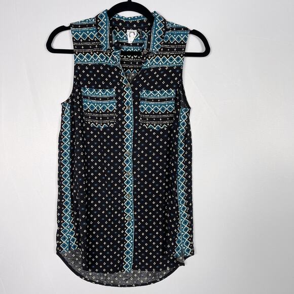 Anthropologie Akemi + Kin XS Ira Tribal Print Sleeveless Button Top Black Blue - Picture 1 of 10